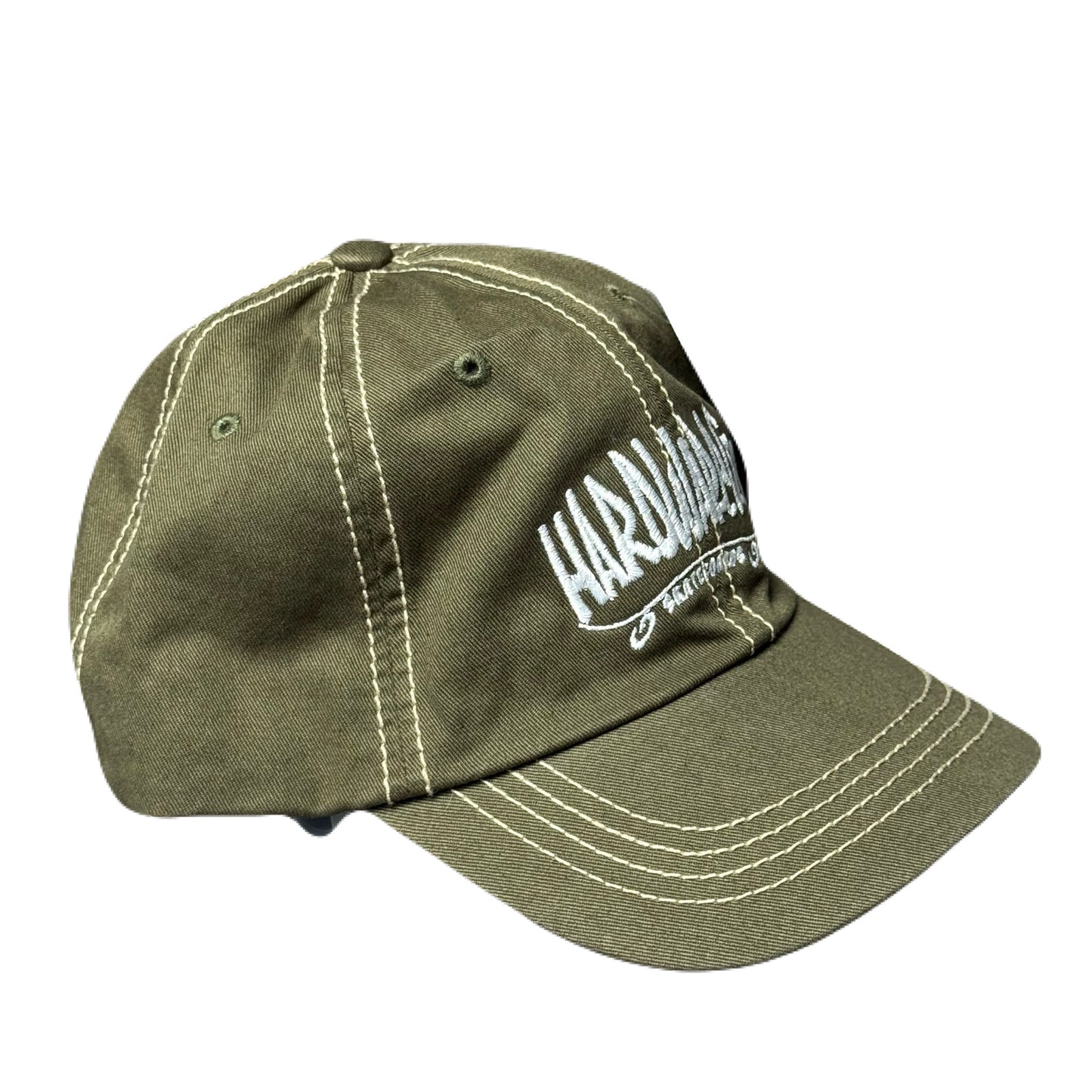 Hat Olive Green with White Contrast Stitch and White Embroidery